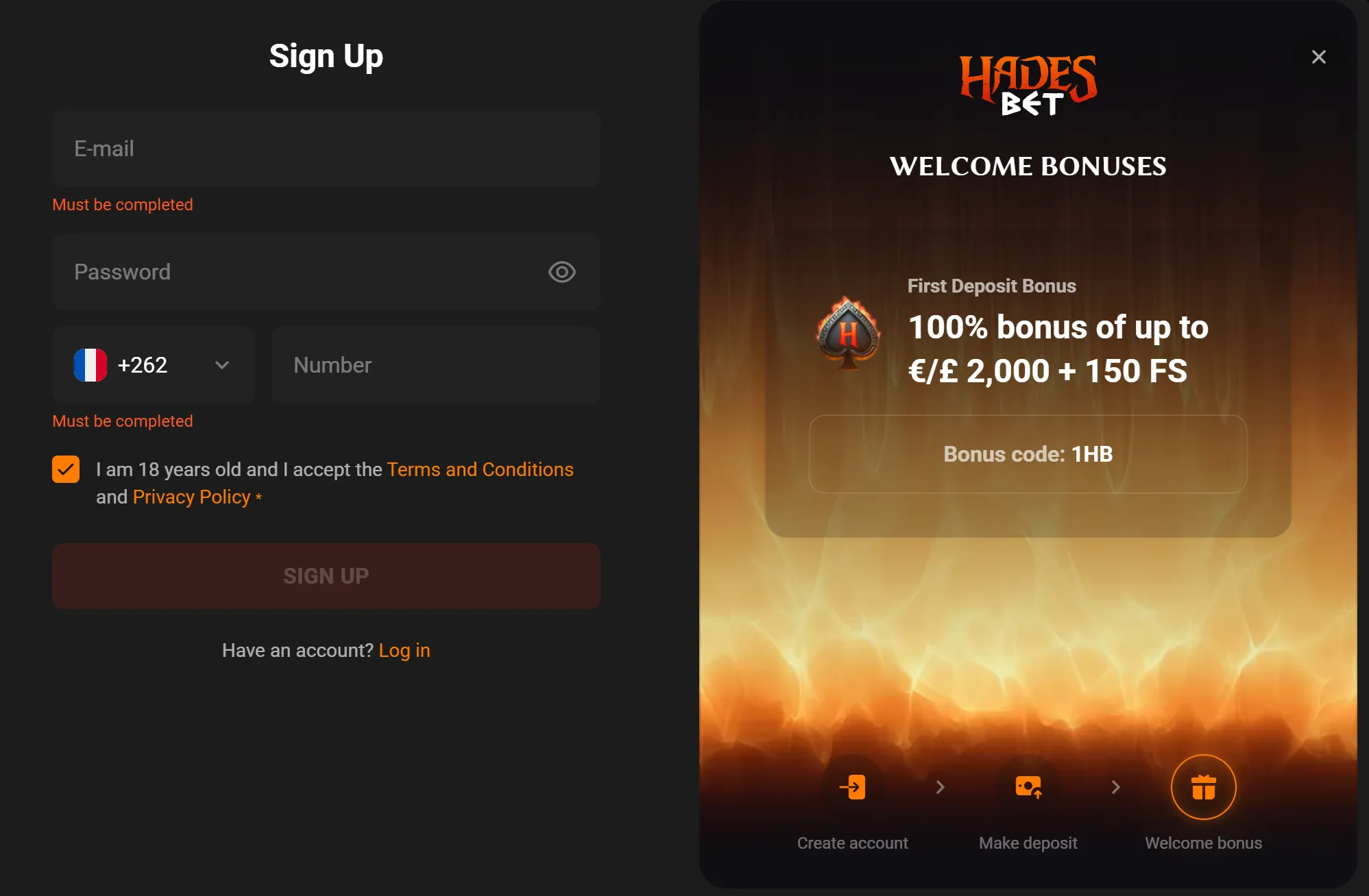 Hadesbet Casino login en sign up scherm